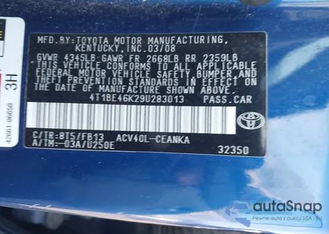 2009 Toyota Camry z USA, uszkodzony, nr VIN 4T1BE46K29U283013